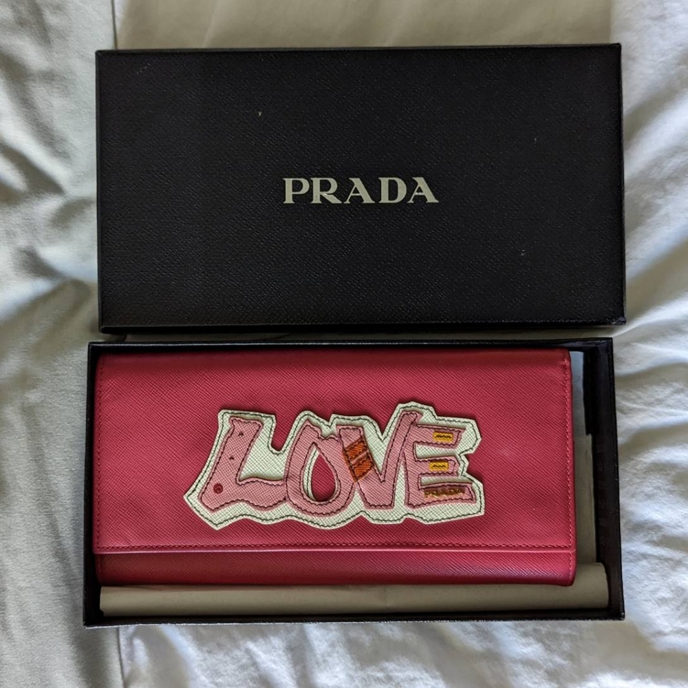 PRADA Pink Saffiano Lux Leather LOVE Wallet on a Chain